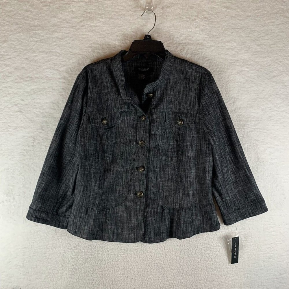 Sandro Blazer Women's Large Black Stretch Peplum Hem Button Front NWT 8585